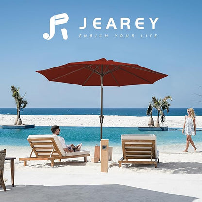 JEAREY 9FT Outdoor Patio Umbrella Outdoor Table Umbrella with Push Button Tilt and Crank, Market Umbrella 8 Sturdy Ribs UV Protection Waterproof for Garden, Deck, Backyard, Pool (Deep Red)