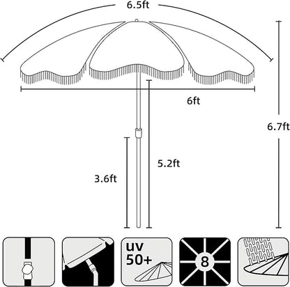 AMMSUN Boho Fringe Umbrella with Outdoor Blanket, 6.5ft UPF50+ Picnic Umbrella with Tassels with Steel Pole & Push Button Tilt, Antique White