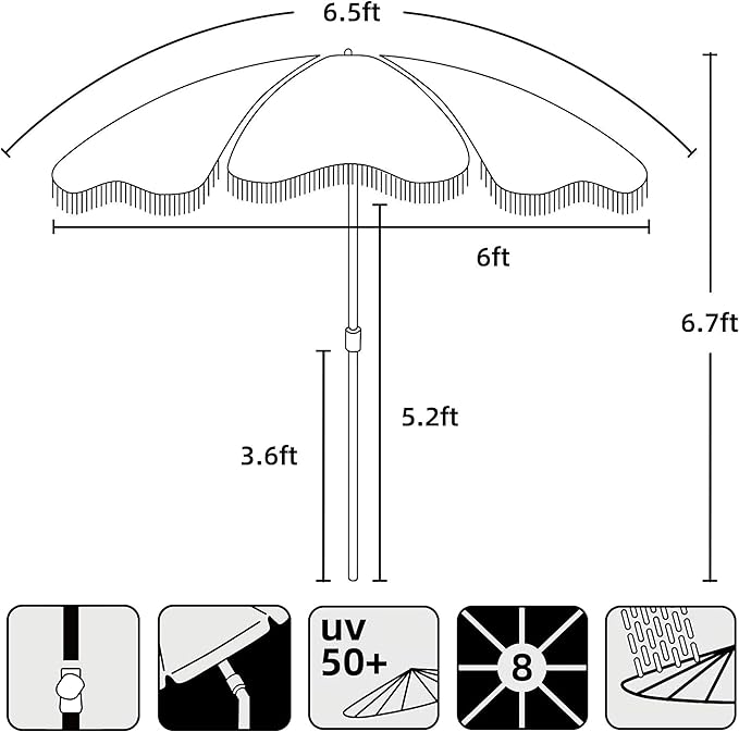 AMMSUN Boho Fringe Umbrella Outdoor Patio, 6.5ft UPF50+ Picnic Umbrella with Tassels with Steel Pole and Push Button Tilt, Pink Stripes
