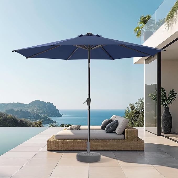 9ft Outdoor Patio Umbrella - Market Table Pool Deck Umbrella UPF50+ UV Protection with Push Button Tilt, Crank and 8 Sturdy Ribs (Navy Blue, No base)