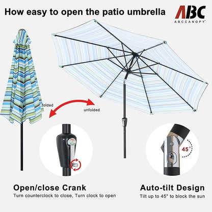 ABCCANOPY 9FT Patio Umbrella - Outdoor Waterproof Table Umbrella with Push Button Tilt and Crank, 8 Ribs UV Protection Pool Umbrella for Garden, Lawn, Deck & Backyard (Blue Green Stripes)