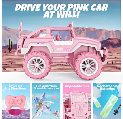 BEZGAR Remote Control Car for Girls - 1:16 Pink RC Cars with Action Figure & 4 Windmills, 2.4GHz with LED Lights, 80 Mins Play with Rechargeable Battery, Monster Truck Jeep Toys Gifts for Kids