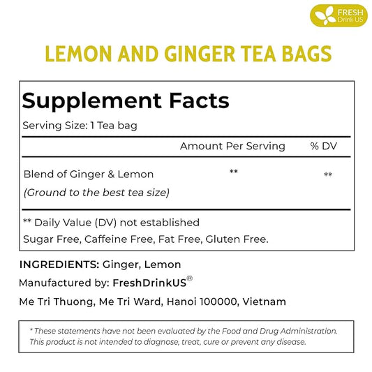 FreshDrinkUS, Premium 200 Lemon Ginger Tea Bags, 100% Natural Ingredients, Hand-made Blend of Lemon and Ginger, Eco-conscious Tea Bags. Lemon Ginger Herbal Tea. No Sugar, No Caffeine, Vegan.