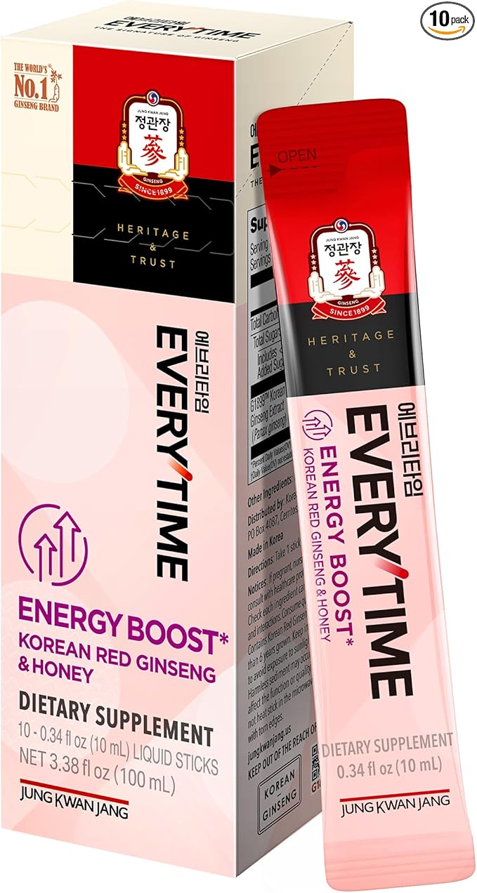 Everytime Energy Boost Korean Red Ginseng Extract 1,000mg & Honey - Vegan Ginseng Energy Drink Liquid Stick Supplements - Builds Stamina & Immunity No Caffeine (10 Sticks, 0.34 fl oz)