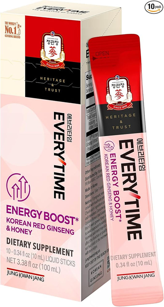Everytime Energy Boost Korean Red Ginseng Extract 1,000mg & Honey - Vegan Ginseng Energy Drink Liquid Stick Supplements - Builds Stamina & Immunity No Caffeine (10 Sticks, 0.34 fl oz)