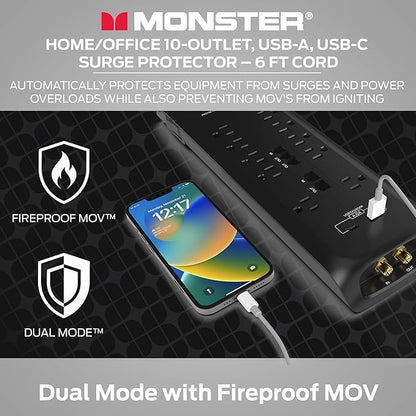 Monster Black Heavy Duty Surge Protector Power Strip 6 ft Cord with 10 120V-Outlet Extension, 2 Ethernet Switch Ports, 4050J Rating, 1 USB-A, and 1 USB-C Charging Ports – Ideal for Computers & Offices