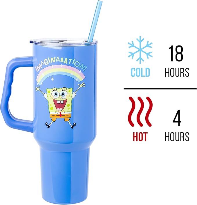 Silver Buffalo SpongeBob SquarePants “Imaginaaation!” Stainless Steel Tumbler with Handle, Fits in Standard Cup Holder, 40 Ounces