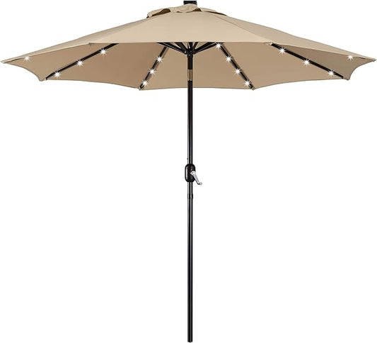 Yaheetech 9FT Solar Powered Patio Umbrella - UV Protection Market Table Umbrella w/ 32 LED Lights & Push Button Tilt & Crank Lift System for Garden/Lawn/Deck/Backyard/Pool,Tan