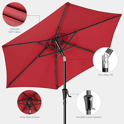 9ft Outdoor Patio Umbrella - Market Table Pool Deck Umbrella UPF50+ UV Protection with Push Button Tilt, Crank and 8 Sturdy Ribs (Red, No base)