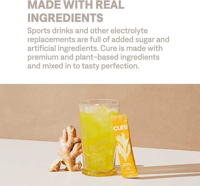 Cure Hydrating Plant Based Electrolyte Mix | Powder for Dehydration Relief | Made with Coconut Water | Non-GMO | No Added Sugar | FSA & HSA | Gluten Free | Box of 8 Packets - Ginger Turmeric