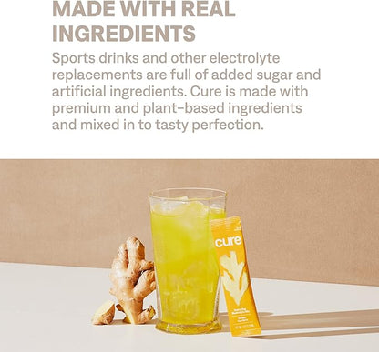 Cure Hydrating Plant Based Electrolyte Mix | Powder for Dehydration Relief | Made with Coconut Water | Non-GMO | No Added Sugar | FSA & HSA | Gluten Free | Box of 8 Packets - Ginger Turmeric