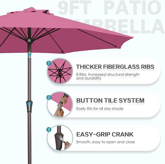 PatioKingdom 9FT Patio Outdoor Umbrella-UPF 50+ Sun Shade with Wind Vent, Push-Button Tilt & Smooth Crank Lift, Rust-Resistant Fiberglass Frame for Garden, Backyard,Yard