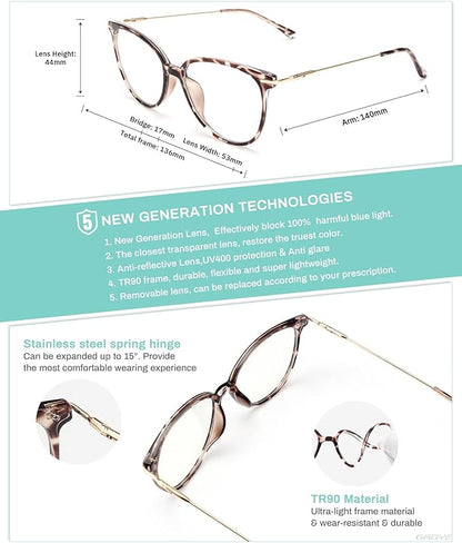 Gaoye Cute Retro Blue-Light Glasses - Mixed Material Frames, Metal Arms, Plastic Nosepads - UV400 Computer Lenses