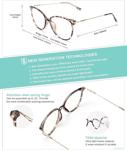 Gaoye Cute Retro Blue-Light Glasses - Mixed Material Frames, Metal Arms, Plastic Nosepads - UV400 Computer Lenses