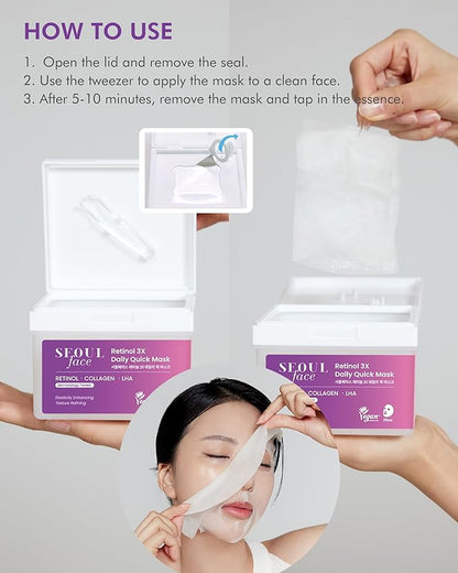 DERMAL Seoul Face Retinol 3X Daily Quick Mask 36 Sheet – Korean Skincare Vegan Tencel Facial Masks - Anti Aging, Wrinkle Improvement Mask Sheets with Collagen, LHA, Peptide