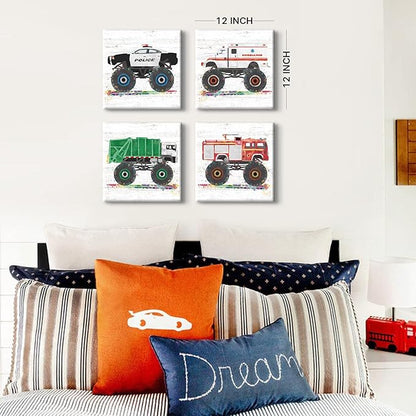 Monster Truck Wall Decor Car Posters for Boys Room Wall Art Cartoon Firetruck Garbage Police Ambulance Vehicle Canvas Pictures Artwork Toddler Room Decor Kids Bedroom Nursery Home Decoration 12×12"