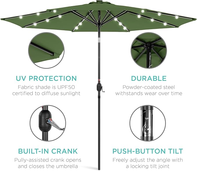 Best Choice Products 10ft Solar Polyester LED Lighted Patio Umbrella w/Tilt Adjustment and UV-Resistant Fabric - Fern