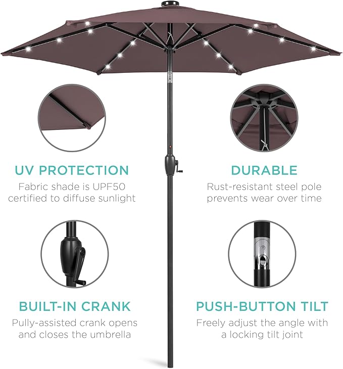 Best Choice Products 7.5ft Outdoor Solar Market Table Patio Umbrella for Deck, Pool w/Tilt, Crank, LED Lights - Deep Taupe