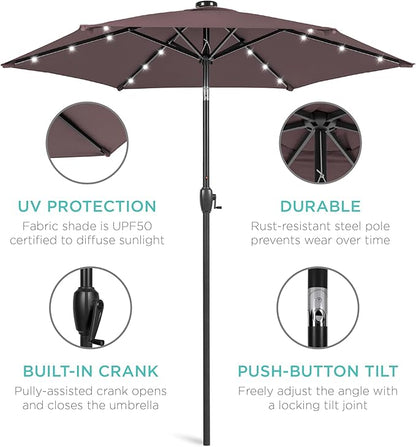 Best Choice Products 7.5ft Outdoor Solar Market Table Patio Umbrella for Deck, Pool w/Tilt, Crank, LED Lights - Deep Taupe