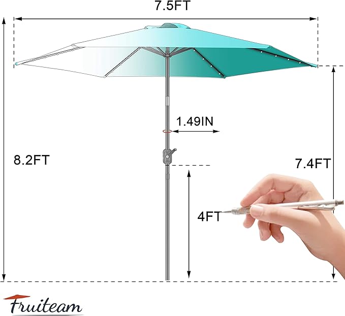 FRUITEAM 7.5 ft Solar Umbrella 24 LED Lighted Patio Umbrella Table Market Umbrella with Tilt and Crank Outdoor Umbrella for Garden, Deck, Backyard, Pool and Beach