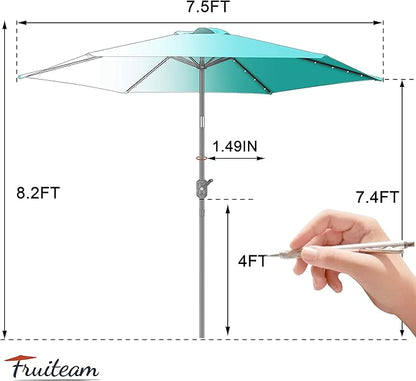 FRUITEAM 7.5 ft Solar Umbrella 24 LED Lighted Patio Umbrella Table Market Umbrella with Tilt and Crank Outdoor Umbrella for Garden, Deck, Backyard, Pool and Beach