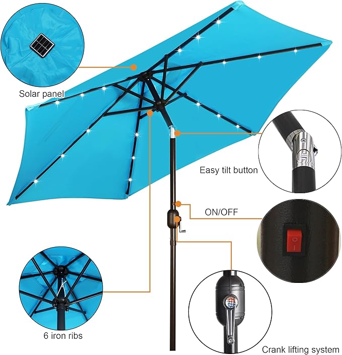 Blissun 7.5 ft Solar Umbrella, 18 LED Lighted Patio Umbrella, Table Market Umbrella