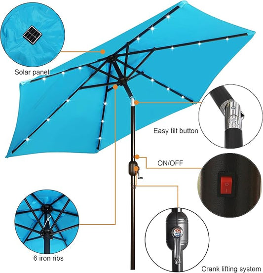Blissun 7.5 ft Solar Umbrella, 18 LED Lighted Patio Umbrella, Table Market Umbrella