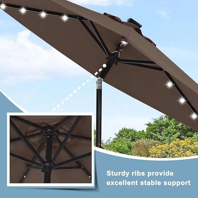 ABCCANOPY Durable Solar Led Patio Umbrellas with 24LED Lights 7.5FT with 6 Sturdy Ribs (True Brown)