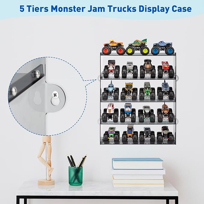 Assembly Monster Trucks Display Case Holding for 20 Monster Trucks Acrylic Storage Case 5 Tiers Monster Trucks Organizer with Tilted Design, Display Case for Toy Trucks (Gray)