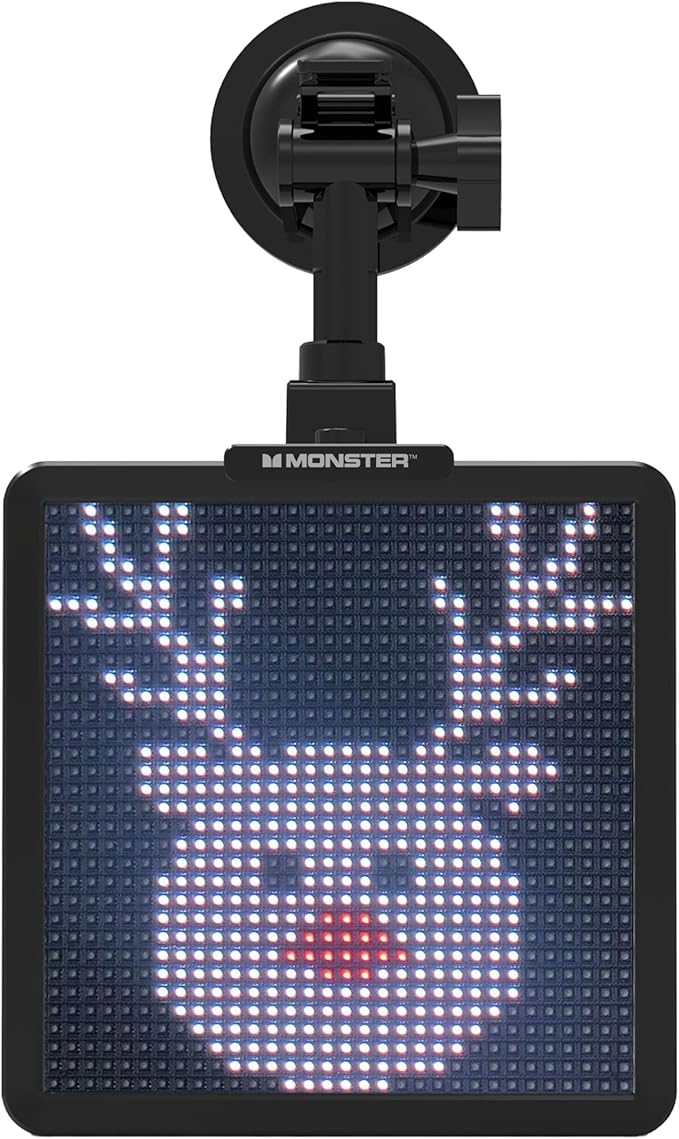 Monster Smart Pixel Display Screen for Cars, App Controlled Custom LED Text Pattern & Animation Screen, Sound Reactive, USB Powered, 6x6 in, 32x32 Pixels, Full Color Mobile Advertising & Ride Sharing