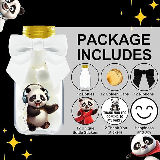 Small 12 Pack Panda Party Favors - DIY Candy Jars with Ribbons and Stickers - Party Decoration Bottles for Birthday, School Classroom, and Baby Shower - Panda Table Centerpieces for Kids