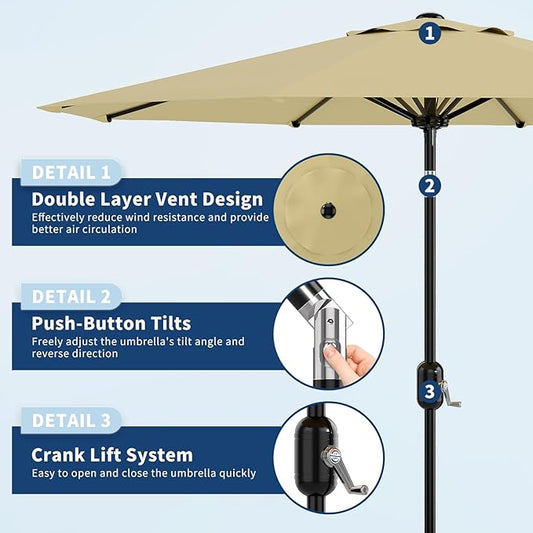 9Ft Patio Umbrella - 8 Sturdy Ribs Outdoor Table Umbrella with Crank Lift & Push Button Tilt - Market Umbrella for Pool, Deck, Yard, Garden - Beige