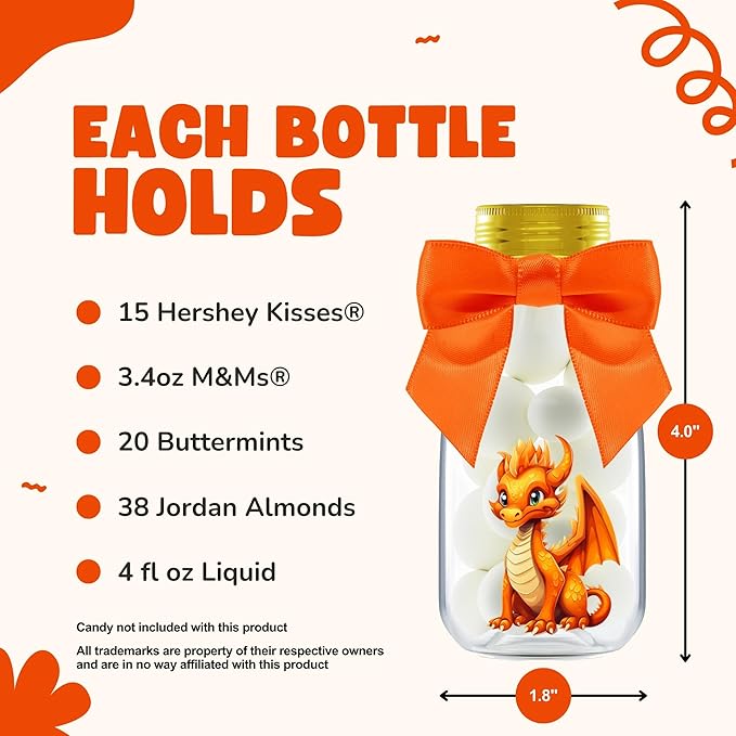 Small 12 Pack Dragon Party Favors - Candy Jars with Ribbons and Stickers - DIY Party Decoration Bottle for Birthday, Baby Shower and School Classroom - Dragon Egg Container for Kids and Teens