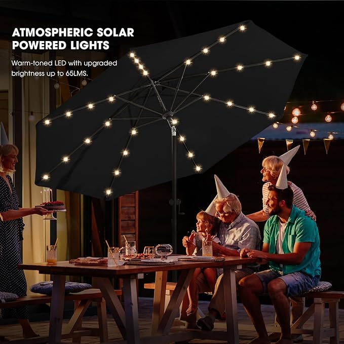 wikiwiki 9ft Solar Led Patio Umbrella, Sturdy Outdoor Market Umbrella for Deck, Pool, Garden w/Tilt, Crank, 32 LED Lights, Navy Blue