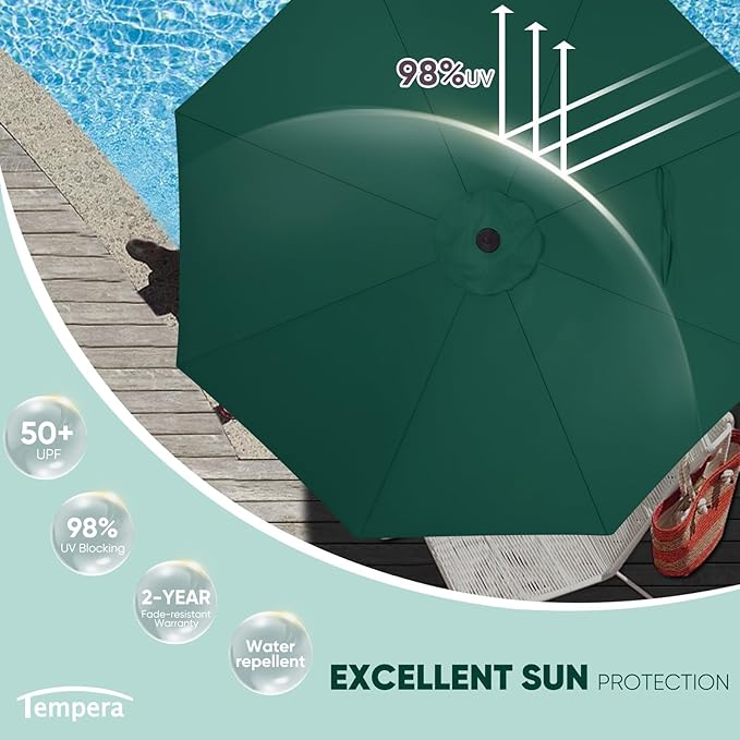 Tempera Patio Market Outdoor Table Umbrella with Push Button Tilt and Crank,Large Sun Umbrella with Sturdy Pole&Fade resistant canopy,Easy to set