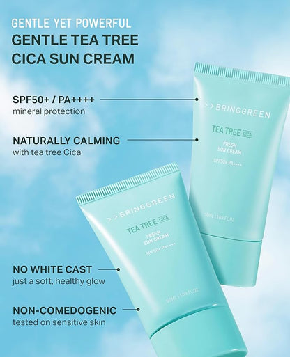 BRING GREEN Tea Tree CICA Mineral Sunscreen SPF 50+ PA++++ | Non-Nano Zinc Oxide Face Sunscreen, Reef Safe Korean Sunscreen for Sensitive Skin, Oil-Free, 1.69 fl. oz