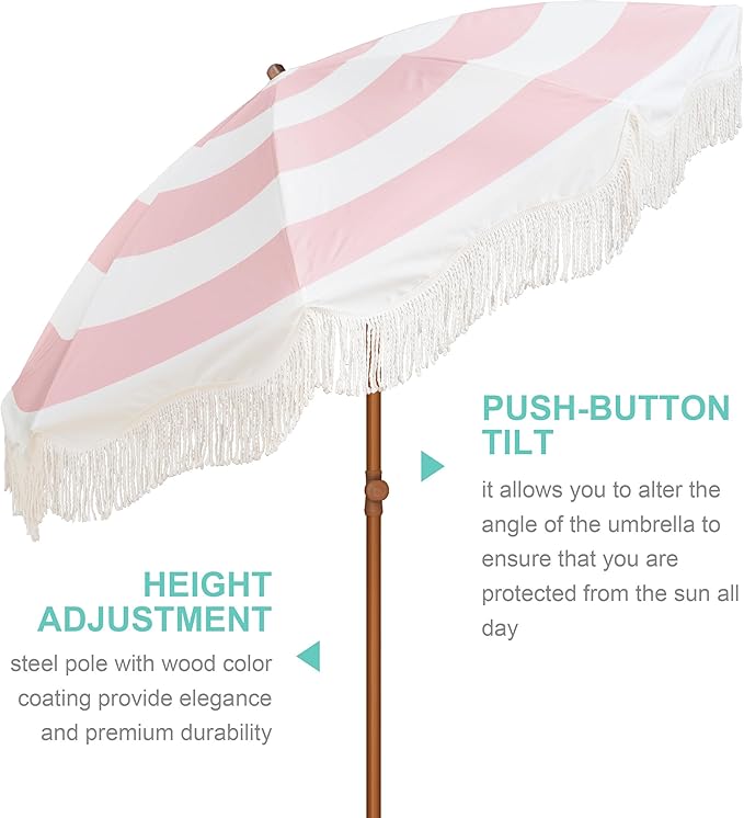 AMMSUN Boho Fringe Umbrella with Outdoor Blanket, 6.5ft UPF50+ Picnic Umbrella with Tassels with Steel Pole & Push Button Tilt, Pink Stripes