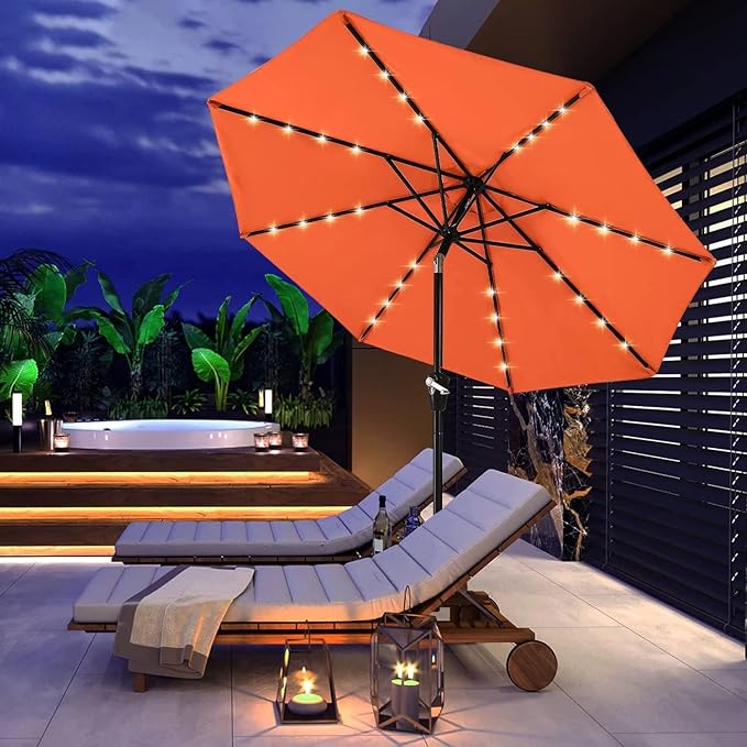 ABCCANOPY Durable Solar Led Patio Umbrellas with 32LED Lights 9FT (Orange)