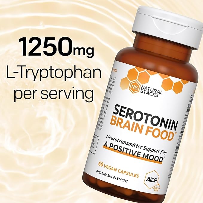 NATURAL STACKS Serotonin Brain Food - L-Tryptophan & Rhodiola Rosea - Mood Support Supplement - Promotes Positive Mood, Calmness, Stress Relief - Brain Support Supplement - 120 Capsules
