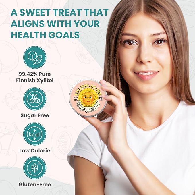 Xylitol Stone Sugar Free Candy - Vegan & Keto Friendly Unique Hard Candy - 100% Natural Flavor Candies - Gluten Free & Non-GMO Breath Freshener Low Calorie Mints - Peach (Pack of 3)