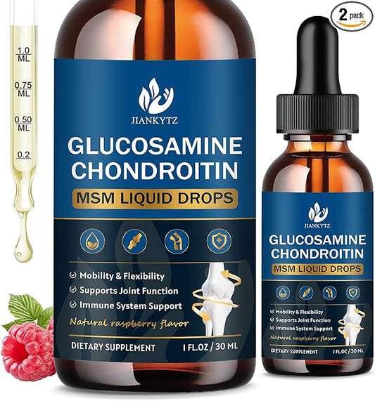 Glucosamine Chondroitin MSM Liquid Drops with Quercetin, Bromelain, Turmeric - Antioxidant, Immune Support, Support Joint Health Supplements for Men & Women, Vegan, Raspberry Flavor (2 Pack, 1 Fl Oz)