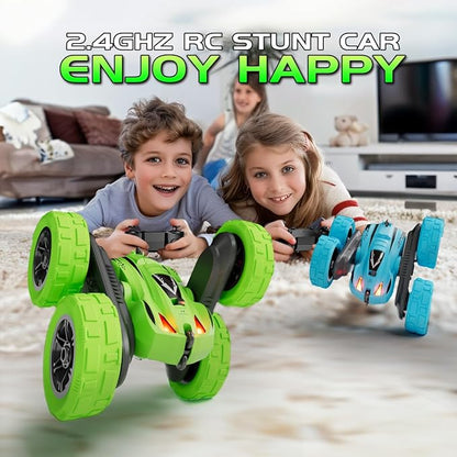 Remote Control Car Fast RC Cars,2.4Ghz Double Sided 360° Rotating RC Stunt Cars with Headlights,All Terrain Rechargeable Car Toys for Boys Ages 5-7 8-12,Birthday Gifts for Kids Green