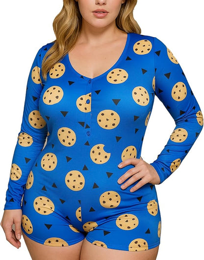 MissShorthair Onesies Women Sexy, Cute Onesie Pajamas for Women Long Sleeve Cookie Monster Large