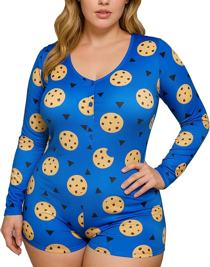 MissShorthair Onesies Women Sexy, Cute Onesie Pajamas for Women Long Sleeve Cookie Monster Large