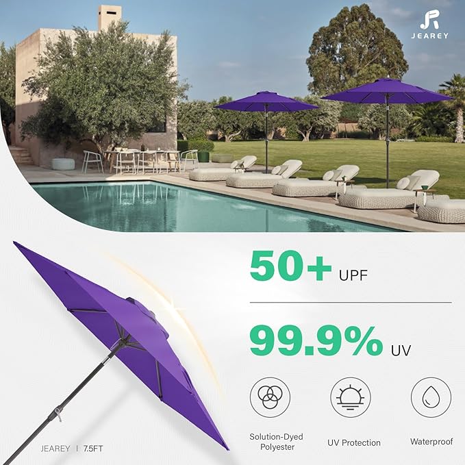 JEAREY 7.5FT Patio Umbrella Market Table Umbrella with 6 Sturdy Ribs, Push Button Tilt/Crank Outdoor Umbrella for Garden, Deck, Backyard, Pool and Beach,Dark Purple