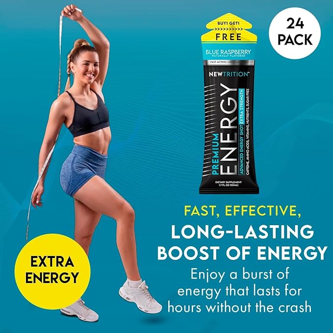 NewTrition Extra Strength Energy Shots, Caffeine Energy Shots with Vitamin B & Amino Acids, Sugar-Free Vitamin Energy Shot, 1.7 fl oz, Blue Raspberry, 12 Count