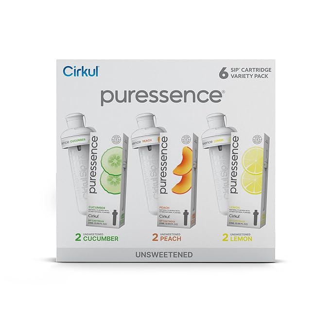 Cirkul Puressence Flavor Cartridge Variety Pack, Unsweetened, 6-Pack (2 Cucumber, 2 Peach, 2 Lemon)