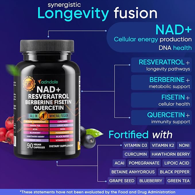 NAD Supplement. Longevity Formula with NAD, Trans Resveratrol, Quercetin, Betaine Anhydrous, Grape Seed, Fisetin. 180 Capsules