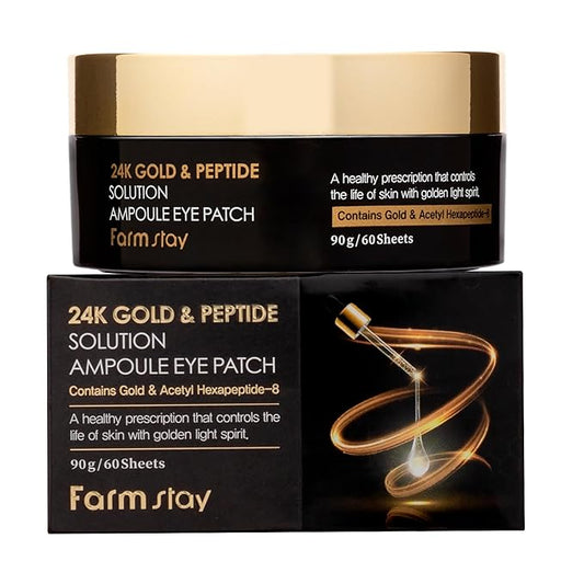 FARMSTAY 24K Gold and Peptide Solution Ampoule Eye Patch - Under Eye Patches for Wrinkles - Improves Skin Elasticity - Brightens Dark Circles - 60 pc