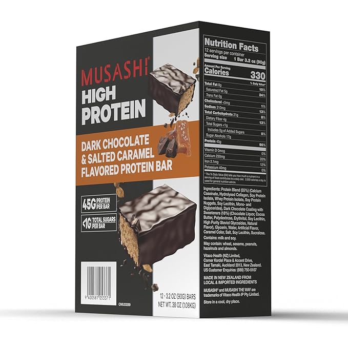 MUSASHI High Protein Bar, 45g Protein, <1g Total Sugars, Dark Chocolate & Salted Caramel, Post Workout and Protein Snack On The Go, 12 Pack of 3.2oz (90g) Bars